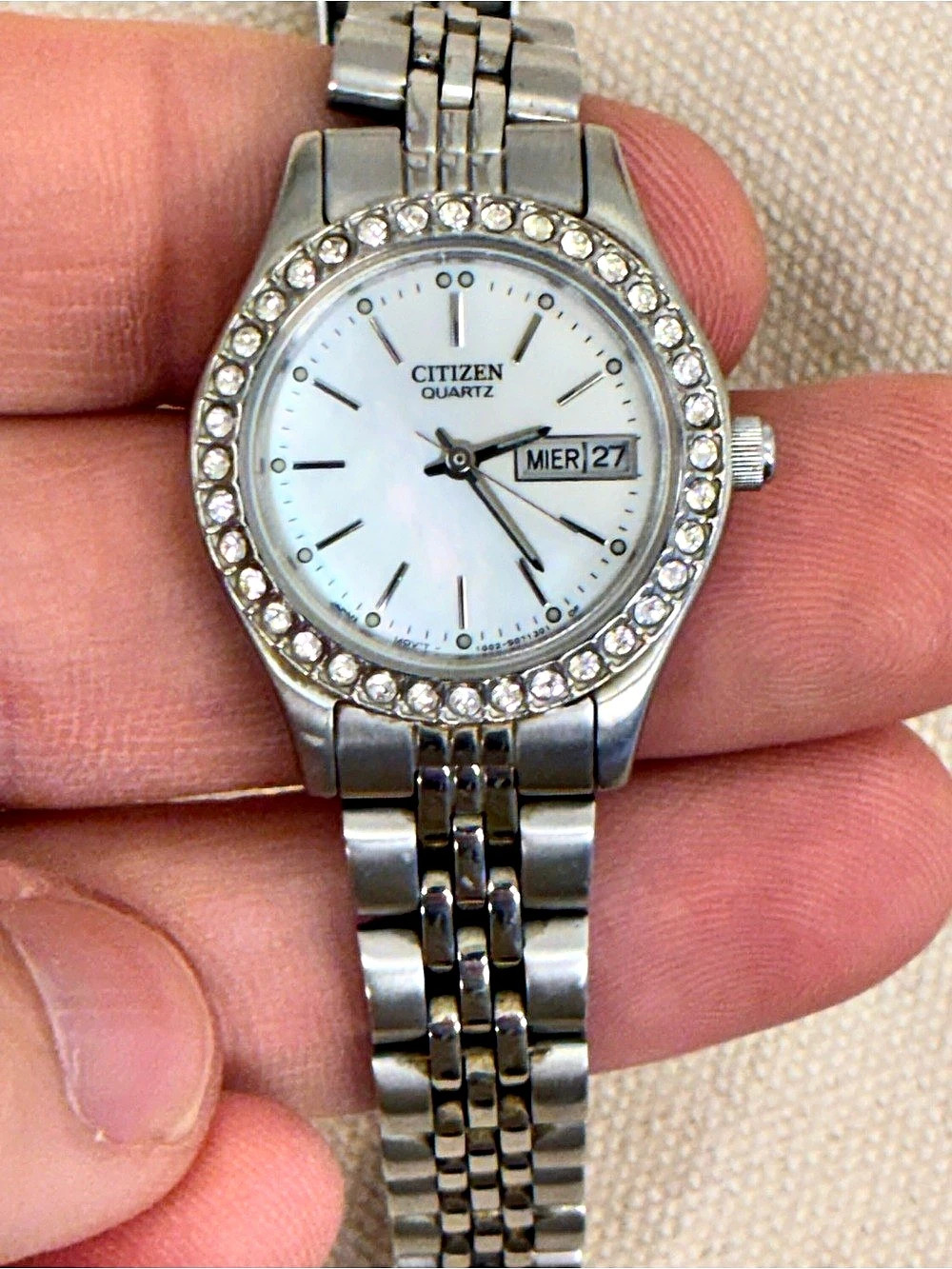 Citizen Quartz Women's Silver Tone Stainless Bracelet Day/Date White Dial Gem